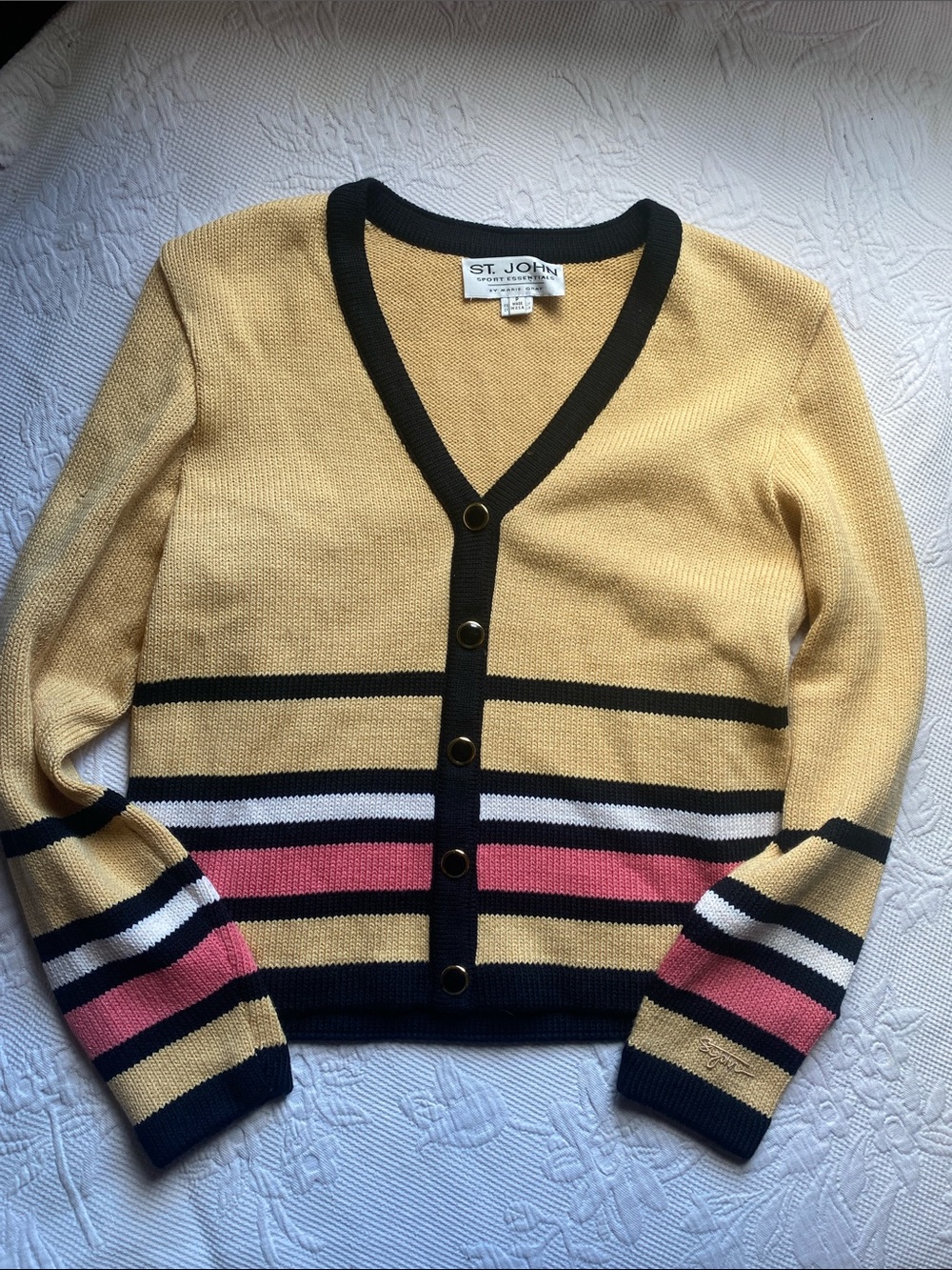St. John Yellow Cardigan with Black Trim and Pink Stripes